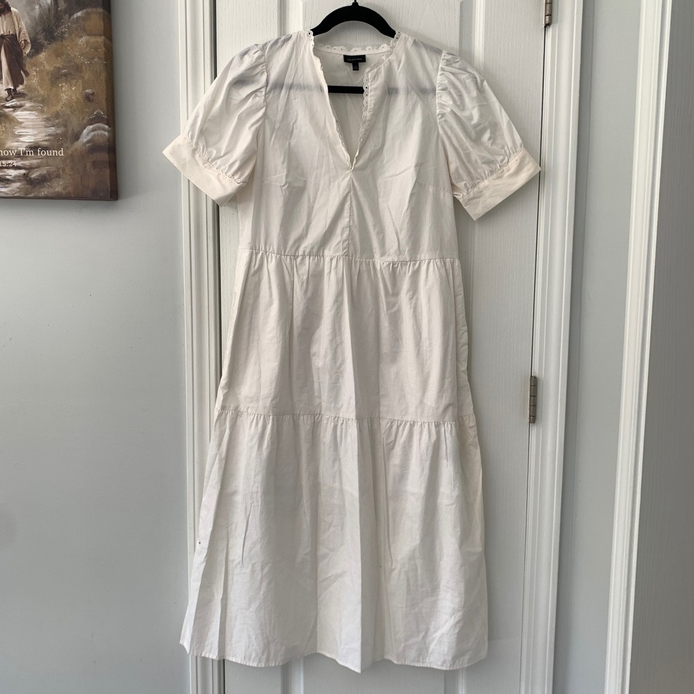 Who What Wear White Tiered Cotton Midi Dress Eyelet Lace V-Neck Puff Sleeve Sz S